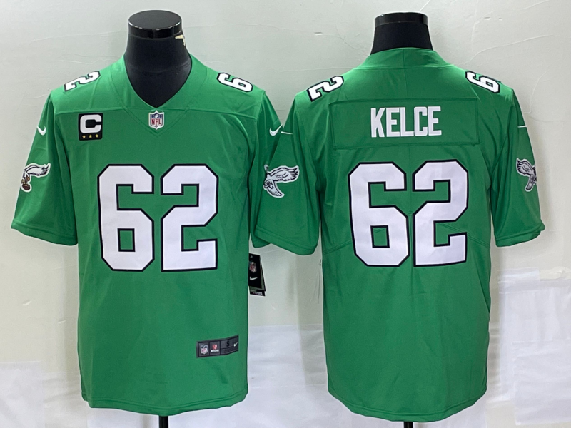 Men's Philadelphia Eagles #62 Jason Kelce Green Vapor Limited With C Patch Stitched Football Jersey